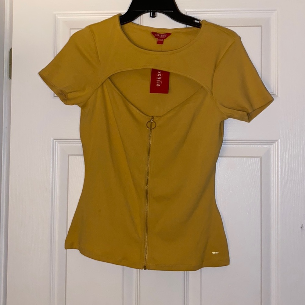 Guess mustard yellow short sleeve cut out zip up top/shirt L